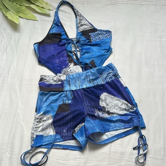 NWT SHEIN ICON Patchwork & Denim Look Print Drawstring Side Shorts Set - Picture 2 of 7